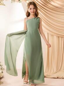 Vestido largo elegante de gasa con tirantes finos para niñas, con volantes, abertura, apropiado para niña de las flores, dama de honor, boda, fiesta de cumpleaños, baile de graduación - Verde - Ver 4