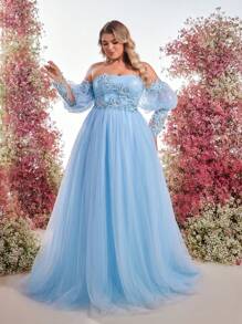 Glamrae Plus Size Elegant Luxurious Heavily Embellished Blue Sequin Embroidered Off Shoulder Puff Sleeve Long Sleeve Strapless Tulle Maxi Evening Gown, Formal, Party Dress, For Wedding Guest