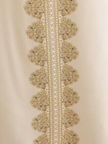 SHEIN Tween Girl 长款 A 字形圆领金色印花金腰带杏色连衣裙