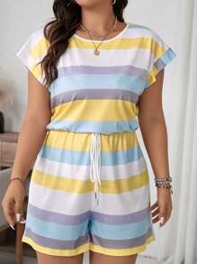 SHEIN LUNE Plus Size Summer Casual Colorful Striped Romper Mother Day - Yellow - View 3