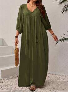 EMERY ROSE Plus Size Women Solid Color Tie Neck Lantern Sleeve Elegant Dress - Army Green - View 4