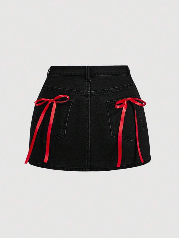 SHEIN MOD Women Casual Short Denim Skirt With Bow Decor