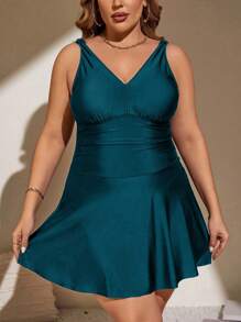 SHEIN Swim Curve Plus Size Women Jednokolorowy, marszczony, jednoczęściowy strój kąpielowy z dołem - Turkusowy - Zobacz 5