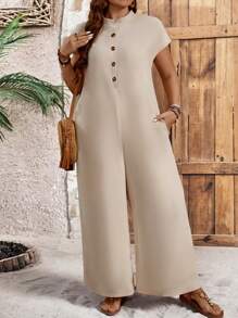 EMERY ROSE Women Plus Size Solid Color Button Half Placket Short Sleeve Pocket Jumpsuit