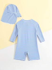 Baby Boy Random Stripe Swimsuit With Shorts, Free Swim Cap - Multicolor - View 2