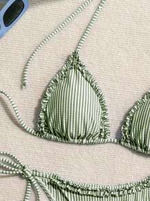 Swim Mod Women's Vacation Striped Nautical Patchwork Ruffled Tied Bikini Set For Summer - Army Green - View 3
