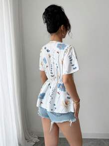 Elenzga Women's Elegant Fashion Commute Charm Casual Comfortable Holiday Ruffled Short Sleeve V-Neck Ruched Lace Trim Print Blouse (Random Print) - White - View 2