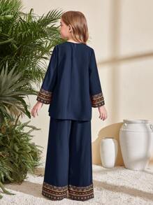 Koszulka z nadrukiem w stylu Tween Girl Woven Solid Patchwork z nadrukiem w kształcie dzwonka z nadrukiem w pozycjonującym stylu Luźne szerokie spodnie z szerokimi nogawkami Zestaw 2 częściowy, styl wiejski, swobodne wakacje, podróże, boho, retro wakacje