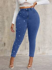 SHEIN SXY Plus Size Stretchy Denim Blue Skinny Pants With Pearl Decor - Medium Wash - View 6