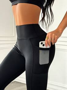 Slayform 女士纯色高腰口袋撞色网眼运动紧身裤 - 黑色 - 查看 1