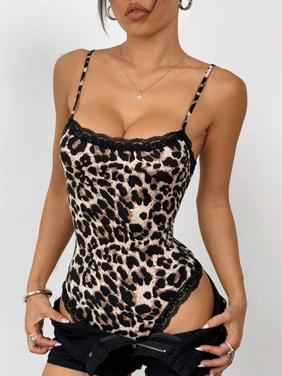 SHEIN EZwear Women's Leopard Print Contrast Lace Bodysuit Sexy - Khaki - View 1