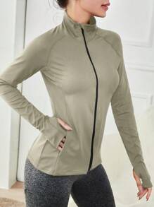 Easithlete Simple Solid Color Zip Up Long Sleeve Sports Jacket, Fashionable For Summer - Apricot - View 1