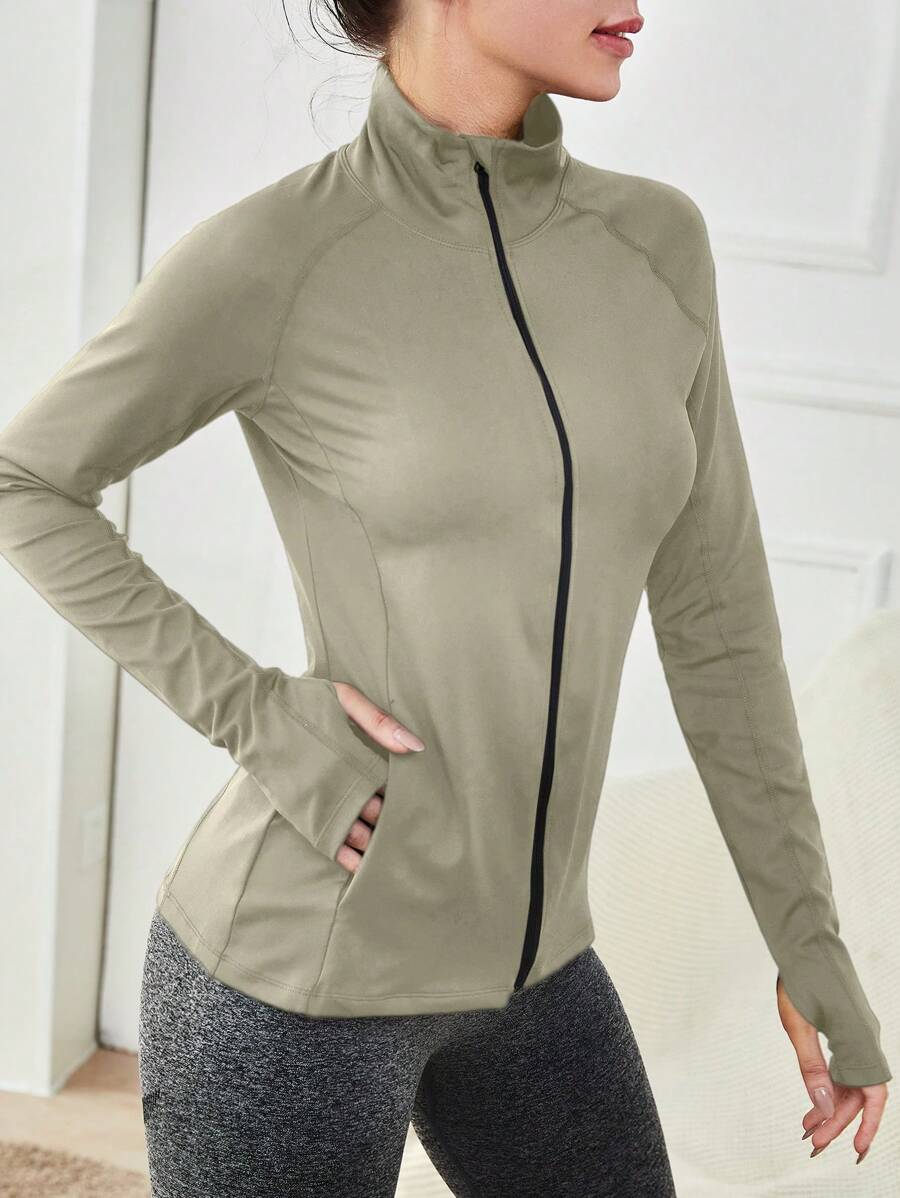 Easithlete Simple Solid Color Zip Up Long Sleeve Sports Jacket, Fashionable For Summer - Apricot - View 1