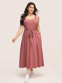 Comfylo Đầm cotton mùa hè thiết kế nút màu trơn cỡ lớn cho nữ không tay cổ vuông giản dị - Hồng - Xem 4