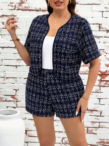 SHEIN Clasi 大码女式格子短袖开襟夹克和短裤两件套休闲套装 - 藏蓝色 - 查看 5