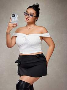 SHEIN ICON Plus Size Off Shoulder Twist Short Sleeve Top, Wedding Guest Top, Sexy Minimal Knitted Top - White - View 4