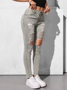 SHEIN EZwear Women's Pocketed Distressed Skinny Casual Versatile Denim Jeans - Army Green - View 6