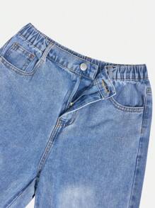 Teens Girls Loose Flared Hem Ruffled Washed Denim Jeans, Fashionable Minimalist College Style