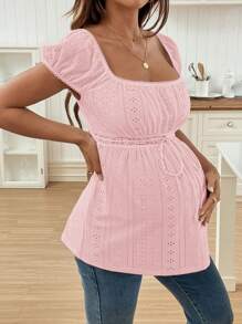 SHEIN Pregnant Women's Solid Color Square Neck Raglan Sleeve Textured Jacquard Ruched T-Shirt - Pink - View 3