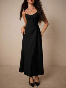 Poéselle 女士优雅纯色细肩带交叉后背连衣裙 - 黑色 - 查看 5