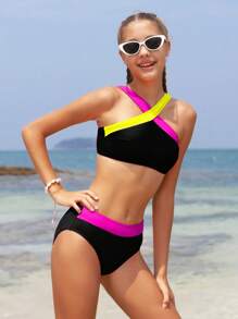 SHEIN Bikini de dos piezas con bloques de color para adolescentes, traje de baño informal para playa de verano