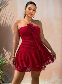 Flirla Plus Size Women Sexy Lace Cake Removable Ruffle Floral Strapless Dress - Burgundy - View 2