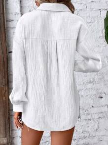 SHEIN LUNE 女士纯色落肩长袖单排扣口袋休闲衬衫 - 白色 - 查看 2