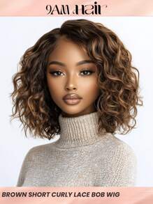 短卷发蕾丝假发 人发混合棕色侧分水波波头蕾丝前假发 10 英寸无胶可戴可戴波波头假发