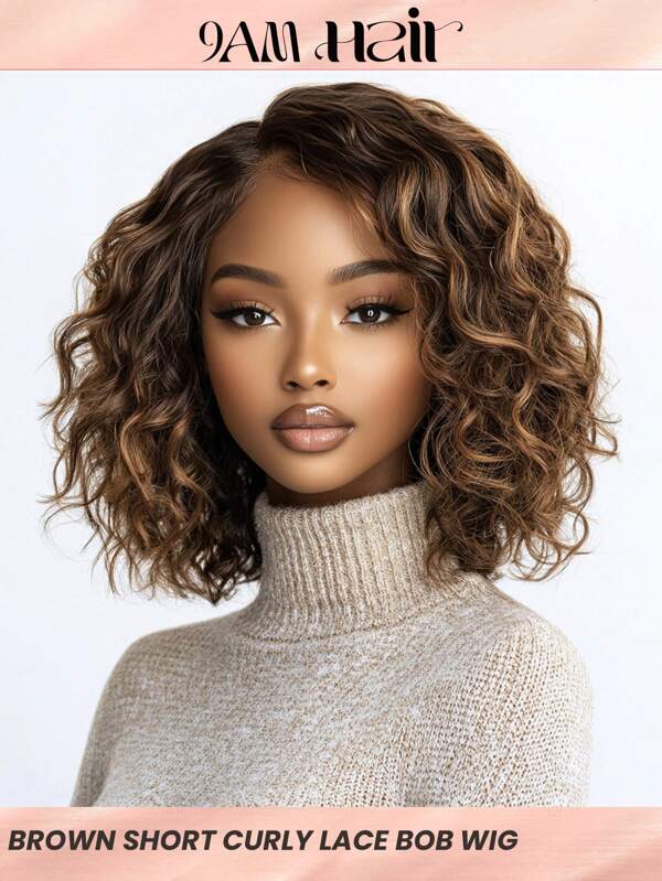 Peluca bob corta y rizada de cabello humano, mezcla de colores marrones, con raya lateral, tipo onda de agua, peluca Bob de encaje frontal, de 10 pulgadas, sin pegamento, lista para usar