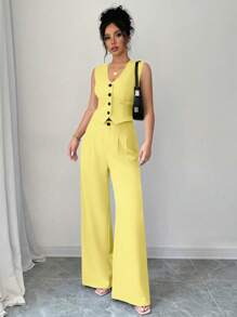 Selianne 女士优雅通勤奶油黄色单排扣背心和裤子休闲套装 - 黃色 - 查看 6