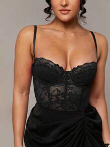 Silquee Camisola de lencería de encaje rojo y sexy, camisola de manga larga entallada, con transparencias, tirantes de espagueti y parches de encaje para uso casual, citas y salidas nocturnas