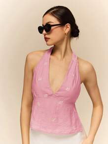 Poéselle Women's Floral Embroidered Plunging V-Neck Halter Top, Sexy For Holiday