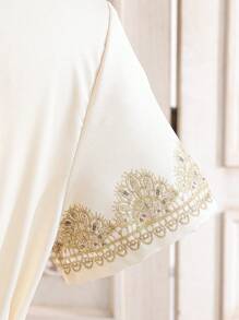 SHEIN Tween Girl 长款 A 字形圆领金色印花金腰带杏色连衣裙