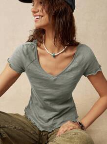 Bohemela Boho Women's V-Neck Solid Color Raglan Sleeve T-Shirt For Vacation - Light Grey - View 9