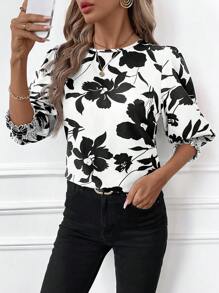 SHEIN Clasi 女士花卉印花圆领泡泡袖休闲衬衫 - 白色 - 查看 5