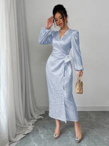 Modelyn Women's Light Blue Leopard Print Satin Jacquard Cross V-Neck Wrap Tie Waist Midi Dress With Long Sleeves
