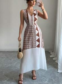 Calvaya Vestido sin mangas elegante con estampado y empalmado para mujeres
