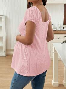 SHEIN Pregnant Women's Solid Color Square Neck Raglan Sleeve Textured Jacquard Ruched T-Shirt - Pink - View 2