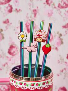Strawberry Shortcake X SHEIN 4 sets de pajitas lindas, que incluyen pajitas de acero inoxidable y cepillos de limpieza