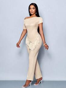SOLERSUN Zomeroutfits Zomerkleding Strandoutfits voor dames Bruiloftsgasten Concertoutfits voor dames Rave-outfits Festival- en countryconcertoutfits Zakelijke casual outfits voor dames Vakantieoutfits voor dames Boho-stijl Bescheiden gehaakte strandkleding Asymmetrische schouders Sexy Elegant Slanke taille Dames Abrikooskleurig tweedelig pak met kwastjes - Abrikoos - Bekijken 3