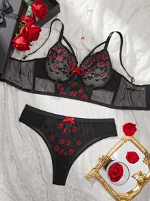 SHEIN 2pcs Women Plus Size Red Lace Lingerie Set - Black - View 3