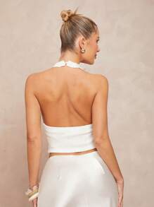 Lumalex 女士深 V 领露背紧身亮片提花背心 - 白色 - 查看 2