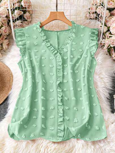 DreamSkyne Plus Size Women V-Neck Frill Trim Cap Sleeve Blouse