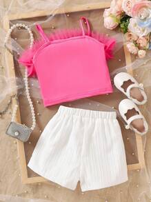 SHEIN 2pcs/Set Young Girls Cute Pink Mesh Suspender & White Textured Fabric Shorts Set - Multicolor - View 2