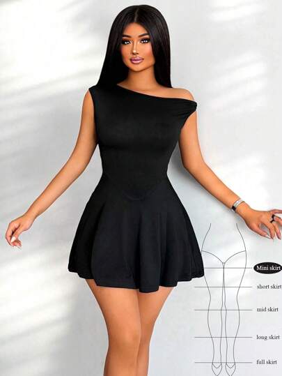 Zolique Vestido de moda corto de verano para mujeres con cuello asimétrico de unicolor simple