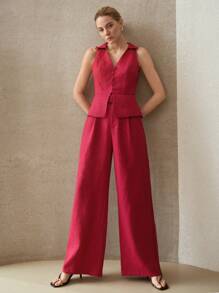 MOTF PREMIUM WOMEN'S 100% LINEN STRAIGHT LEG SUIT PANTS WITH LACE TRIM, SUMMER VACATION - Burgundy - View 3