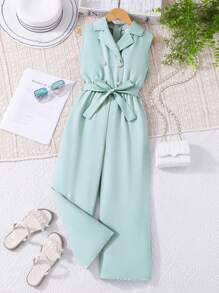 SHEIN Mono sin mangas color verde oliva para niñas preadolescentes, con cuello, para vacaciones, uso casual y diario