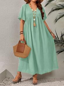 EMERY ROSE 大码女式早春 V 领褶饰休闲连衣裙，短袖