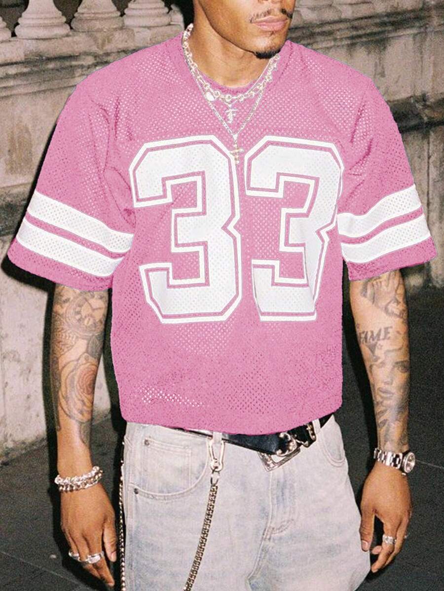 Manfinity Dauomo Men's Summer Casual Contrast Color Striped Numerical Print T-Shirt, 2000s Style - Pink - View 1