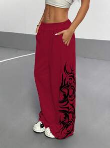 StreetHx 女式复古涂鸦花卉印花宽松直筒休闲运动裤